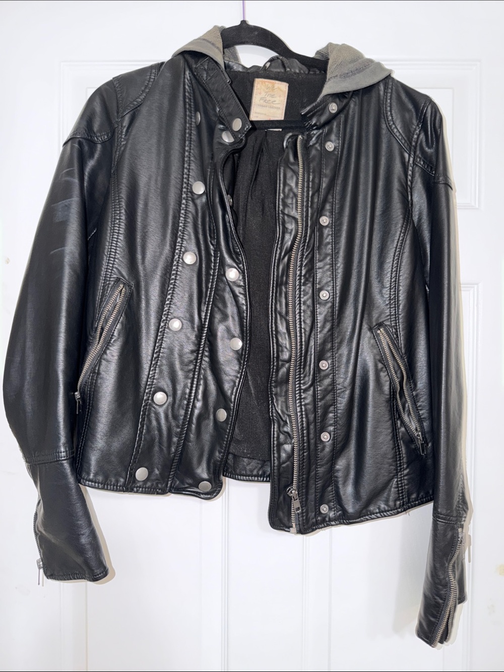 Classic Black vegan Leather Hooded Jacket - Large
